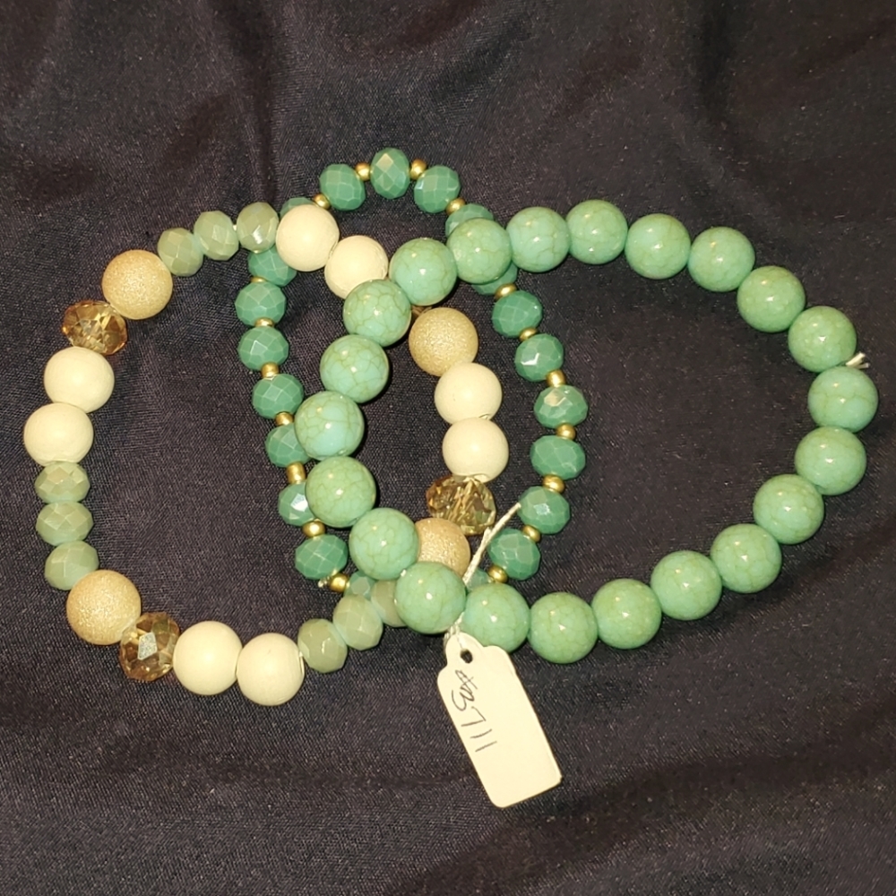 3pc. Mint & Natural Beads Stretch Bracelets